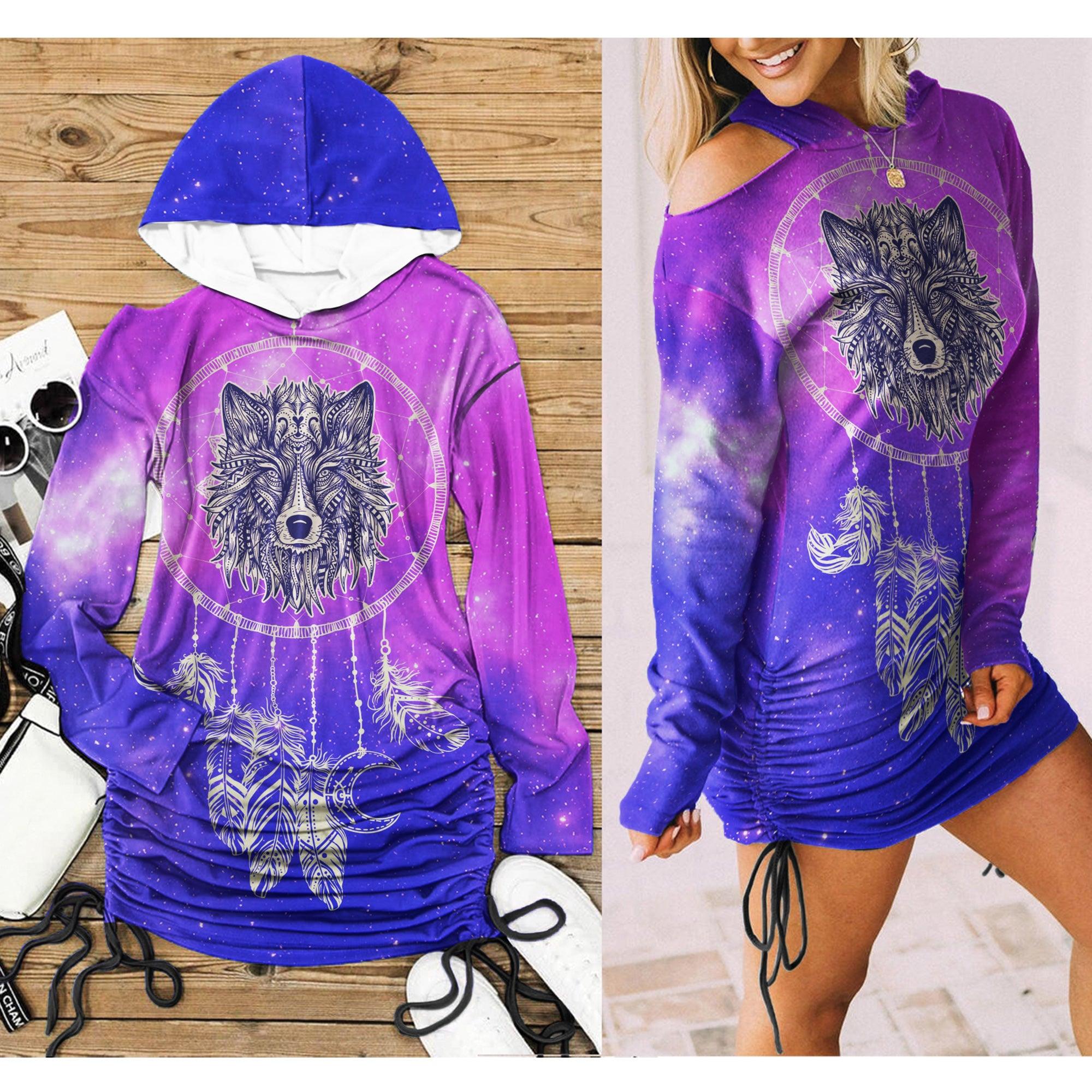Gradient Wolf Chime All Over Print Women One Shoulder Dress With Waist Shirring, Long Hoodie For Women - Women Skull