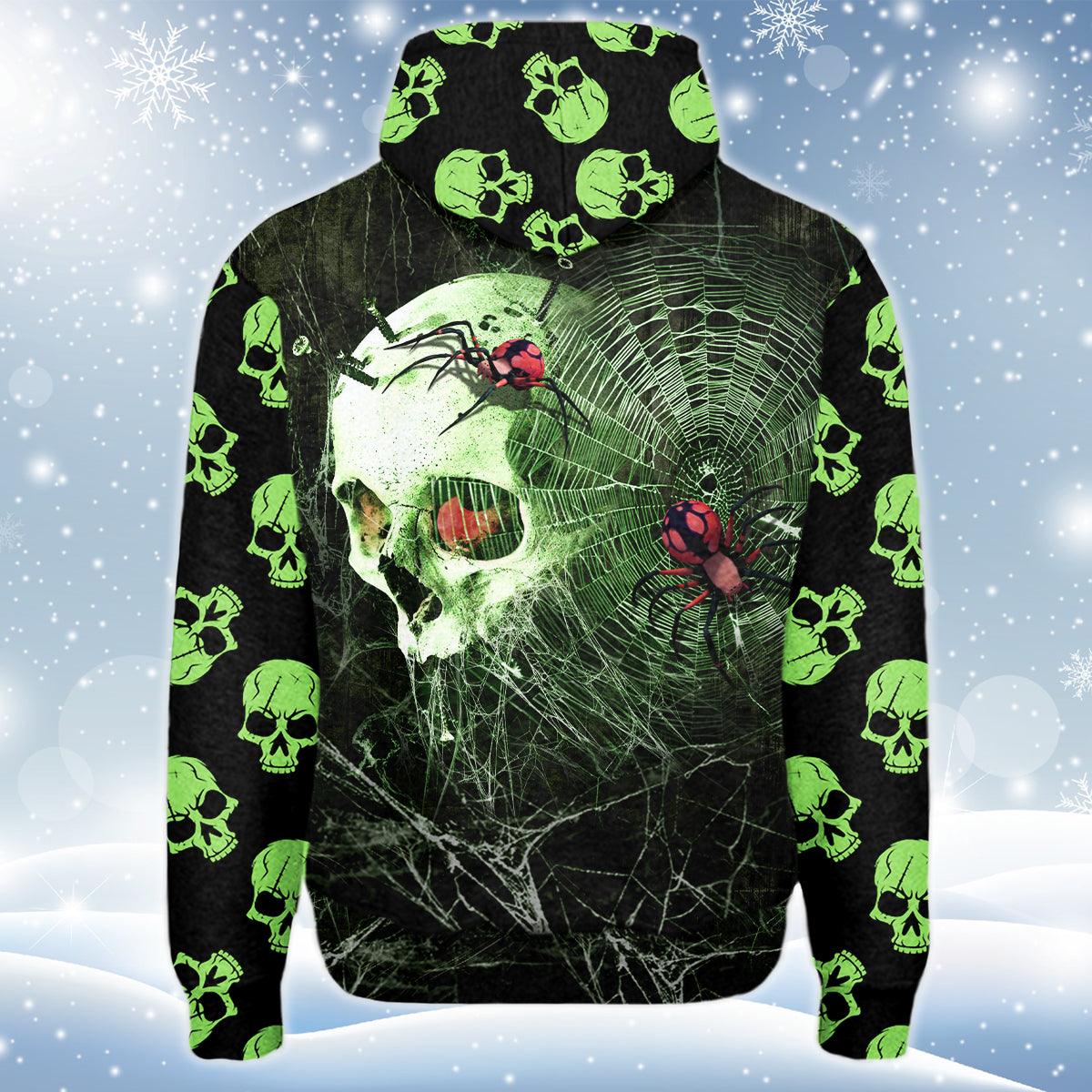 Green Gothic Skull Spider Print Unisex Pullover Hoodie-Wonder Skull