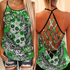 Green Skull Butterfly Criss-Cross Open Back Tank Top, Coolest T-Shirt For Women - Wonder Skull