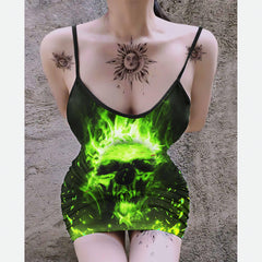 Green Skull Fire Print Dress For Women-Wonder Skull
