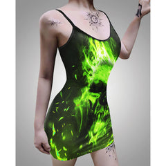 Green Skull Fire Print Dress For Women-Wonder Skull