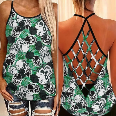 Green White Skull Pattern Criss-Cross Open Back Tank Top, Coolest T-Shirt For Women - Wonder Skull