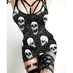 Grey Gothic Skull Abtract Pattern Printed Body Dress, Hot Sleeveless Minidress For Women-Wonder Skull