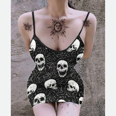 Grey Gothic Skull Abtract Pattern Printed Body Dress, Hot Sleeveless Minidress For Women-Wonder Skull