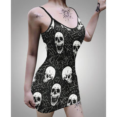 Grey Gothic Skull Abtract Pattern Printed Body Dress, Hot Sleeveless Minidress For Women-Wonder Skull