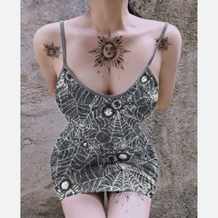 Grey Spider Web Printed Body Dress, Hot Sleeveless Minidress For Women - Wonder Skull