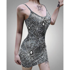 Grey Spider Web Printed Body Dress, Hot Sleeveless Minidress For Women - Wonder Skull