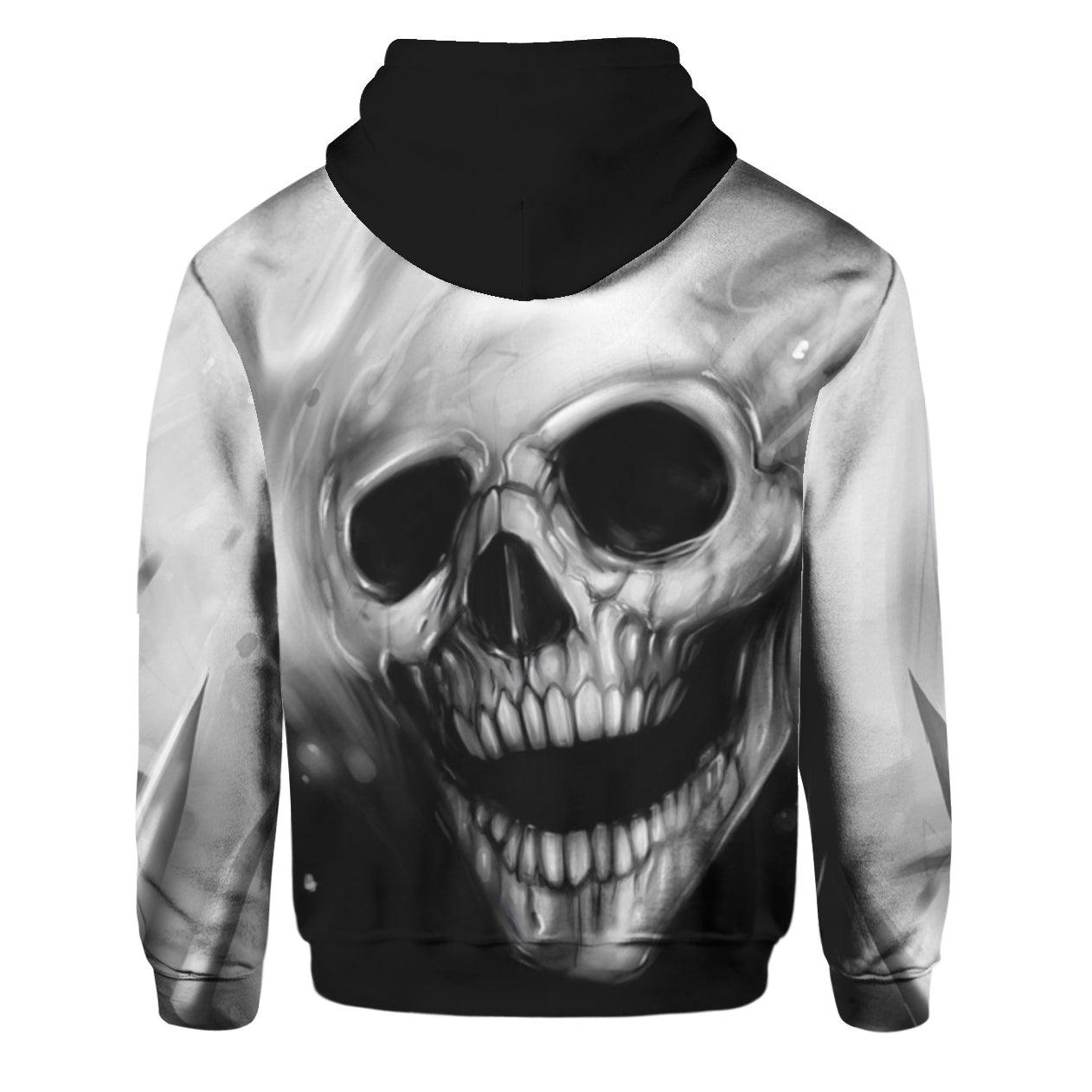Grey & Black Smoking Skull All Over Print Unisex Pullover Hoodie, Dope Art Work Full Printed Pull Over - Wonder Skull