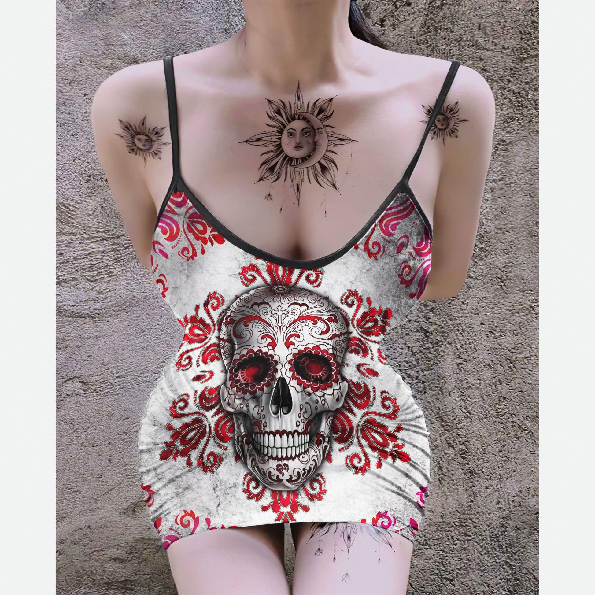 Grunge Red Skull Printed Body Dress, Naughty Sleeveless Minidress For Women-Wonder Skull