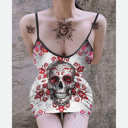 Grunge Red Skull Printed Body Dress, Naughty Sleeveless Minidress For Women-Wonder Skull