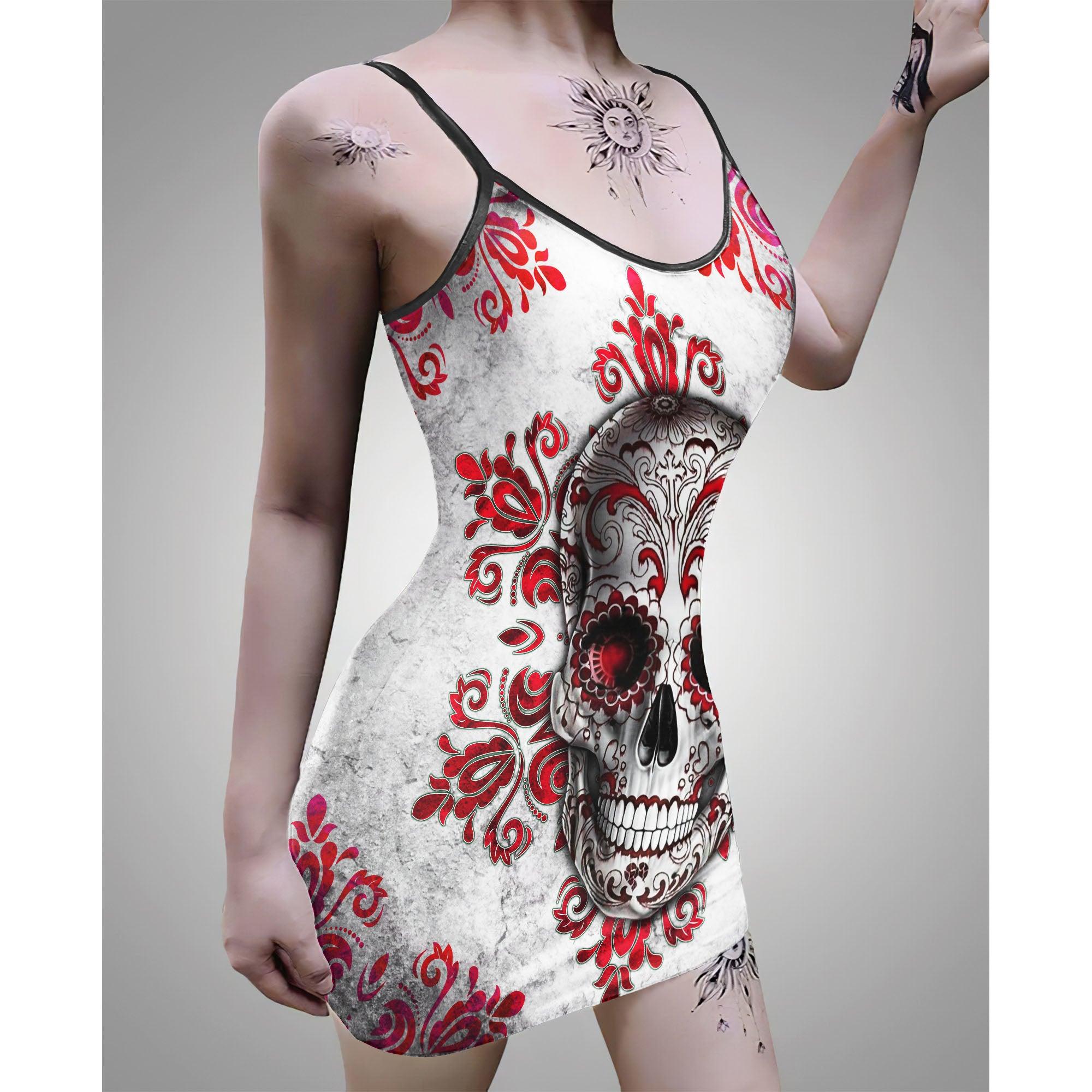 Grunge Red Skull Printed Body Dress, Naughty Sleeveless Minidress For Women-Wonder Skull