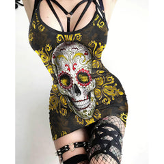 Grunge Yellow Skull Printed Body Dress, Naughty Sleeveless Minidress For Women-Wonder Skull