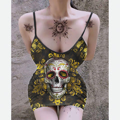 Grunge Yellow Skull Printed Body Dress, Naughty Sleeveless Minidress For Women-Wonder Skull