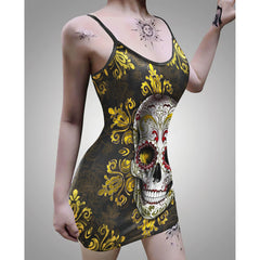 Grunge Yellow Skull Printed Body Dress, Naughty Sleeveless Minidress For Women-Wonder Skull