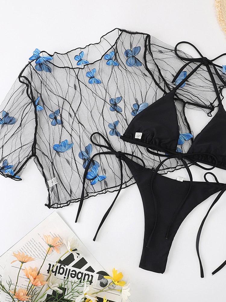 Sexy Three Pieces Bikini With Butterfly, Creative Mesh Beach Cover Up Swimwear For Women - Wonder Skull