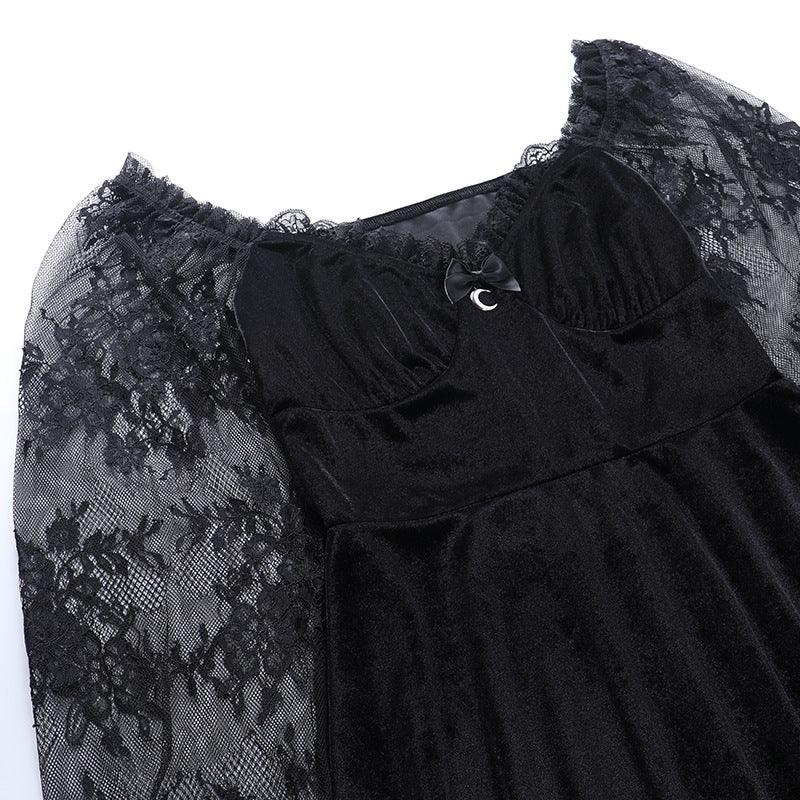 Gothic Black Lace Trim High Waist Dress, Vintage Bodycon For Women - Wonder Skull
