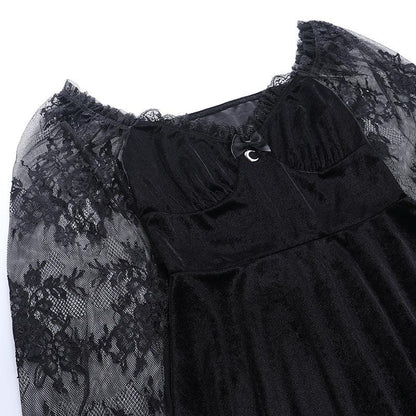 Gothic Black Lace Trim High Waist Dress, Vintage Bodycon For Women - Wonder Skull