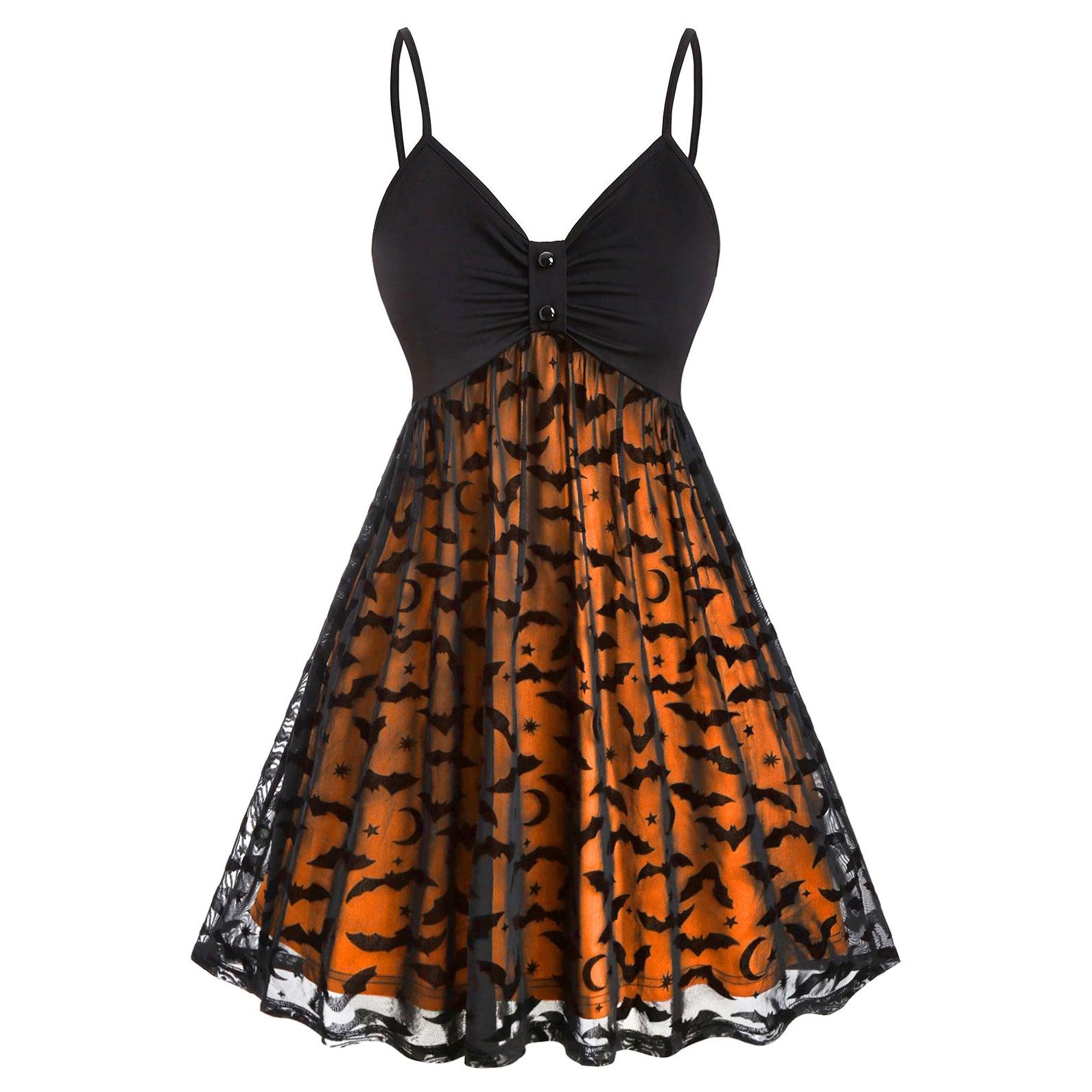 Halloween Orange Bat Lace Party Dress, Elegant Sleeveless Vestido For Women - Wonder Skull