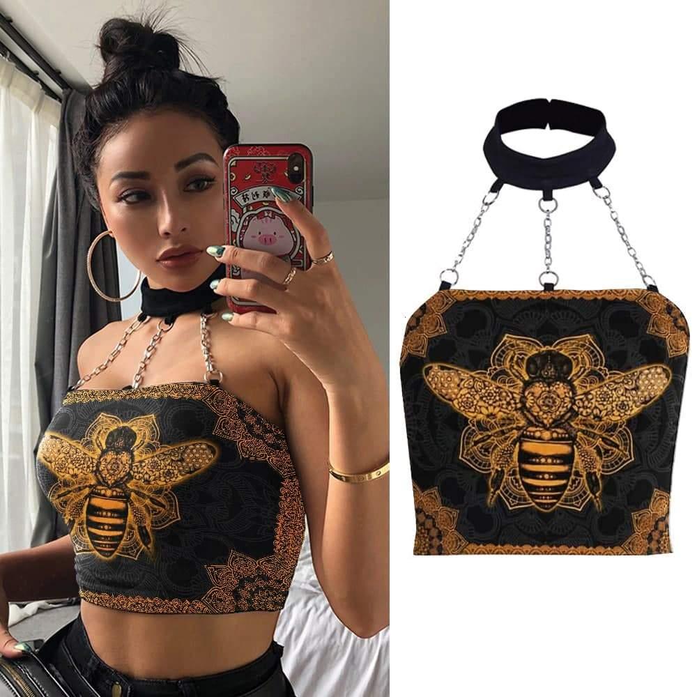 Honey Bee Choker Halter Top, Sexy Shoulder Off Crop Top For Women - Wonder Skull