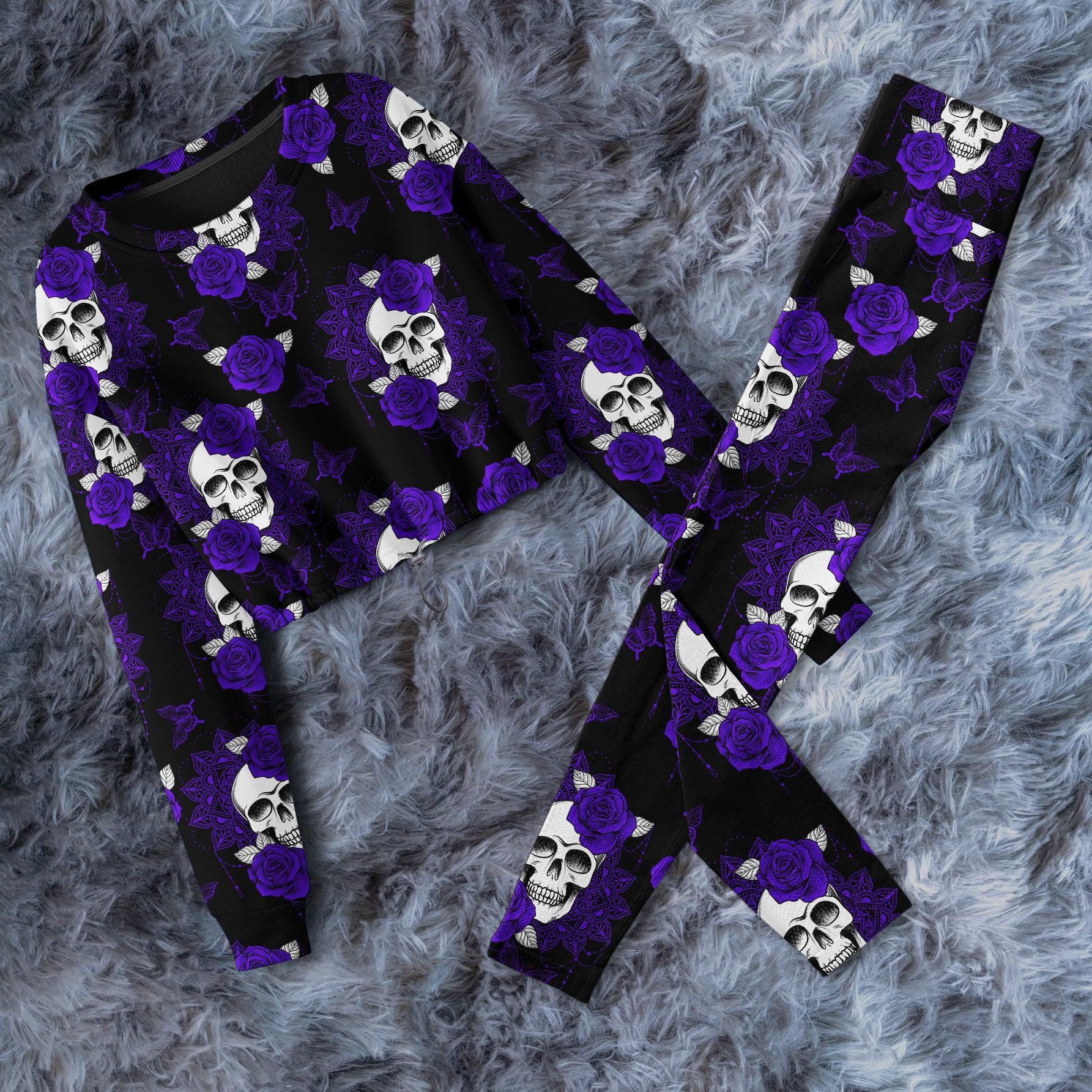 Sugar Rose Purple Skull Pattern Combo Long Sleeve Sweatshirt and Leggings - Wonder Skull