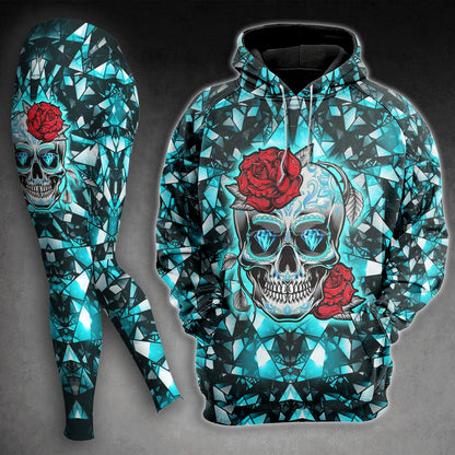 Crack Cyan Skull Rose Combo Hoodie and Leggings - Wonder Skull
