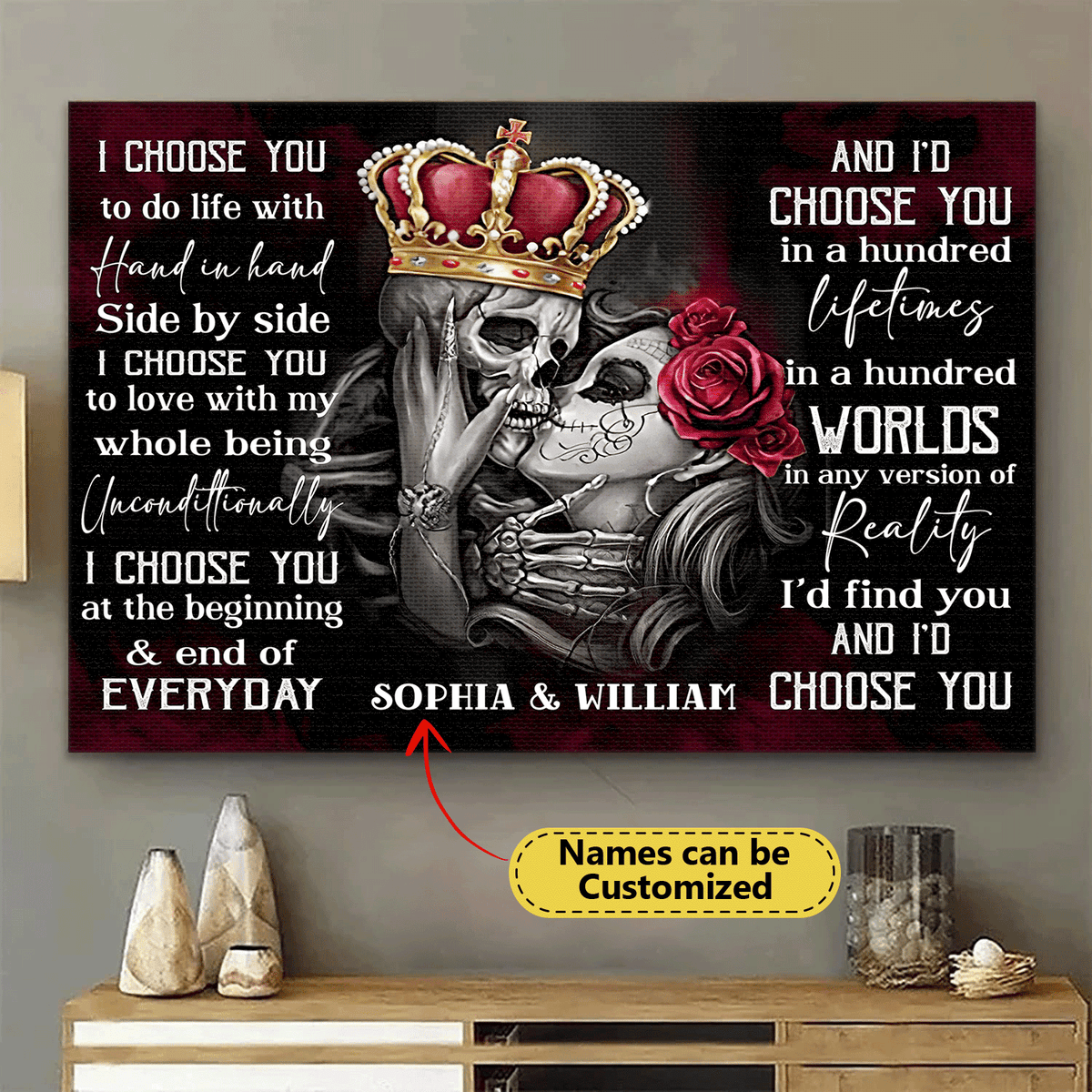 I Choose You - Gothic Skull Crown Personalized Horizontal Canvas - Wonder Skull