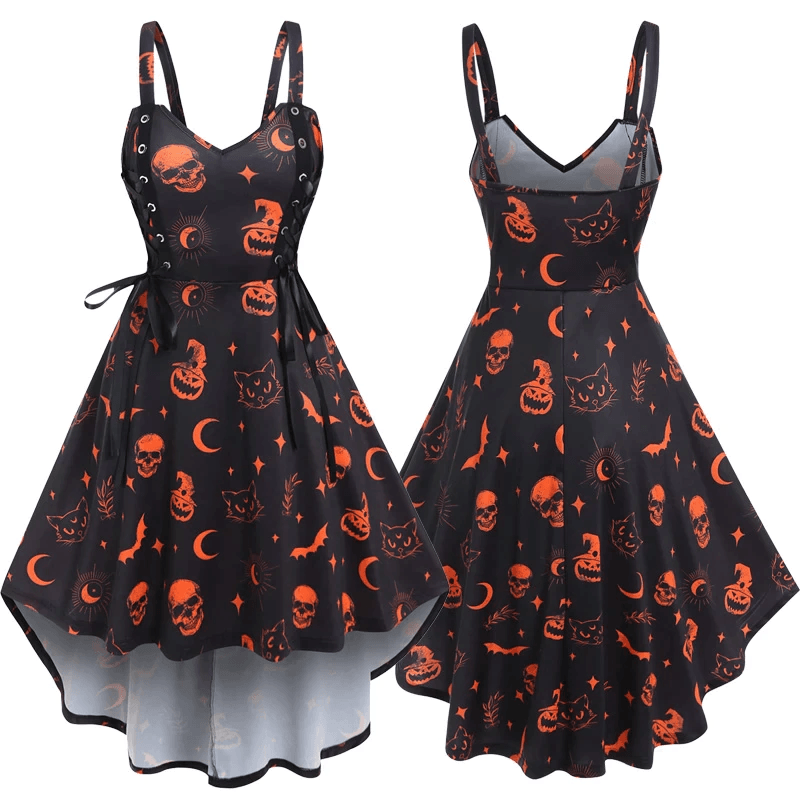 Halloween Gothic Black Dress, Gorgeous Skull Pumpkin Sleeveless Vestido For Women - Wonder Skull