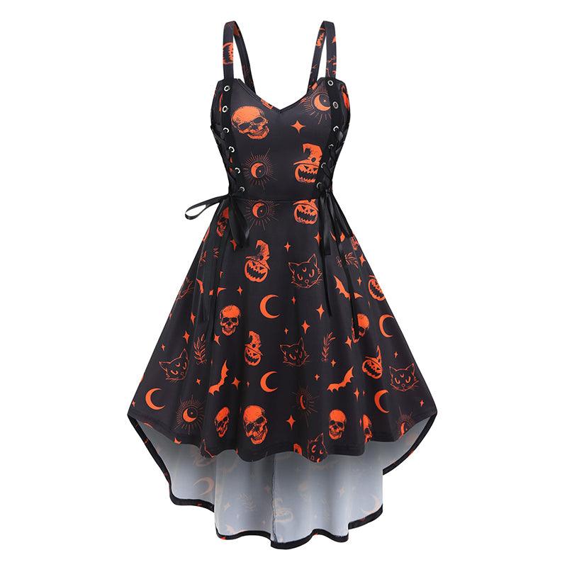Halloween Gothic Black Dress, Gorgeous Skull Pumpkin Sleeveless Vestido For Women - Wonder Skull