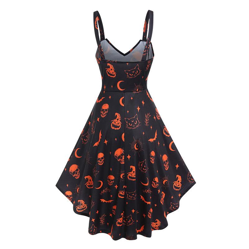 Halloween Gothic Black Dress, Gorgeous Skull Pumpkin Sleeveless Vestido For Women - Wonder Skull