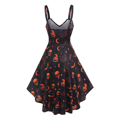 Halloween Gothic Black Dress, Gorgeous Skull Pumpkin Sleeveless Vestido For Women - Wonder Skull