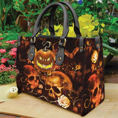 Halloween Pumpkin Art Work PU Handbag, Hottest Treat Or Trick Shopping Bag - Wonder Skull