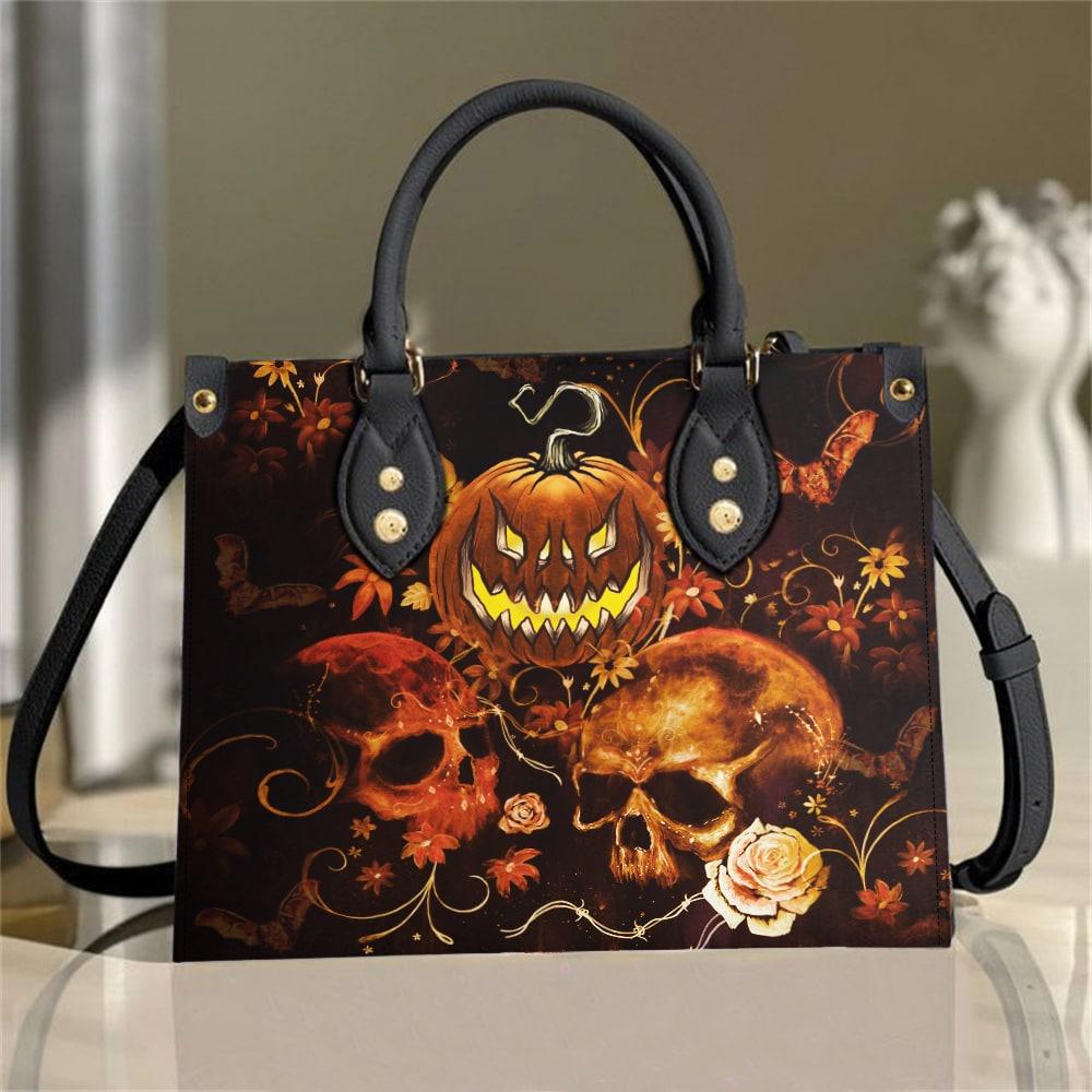 Halloween Pumpkin Art Work PU Handbag, Hottest Treat Or Trick Shopping Bag - Wonder Skull