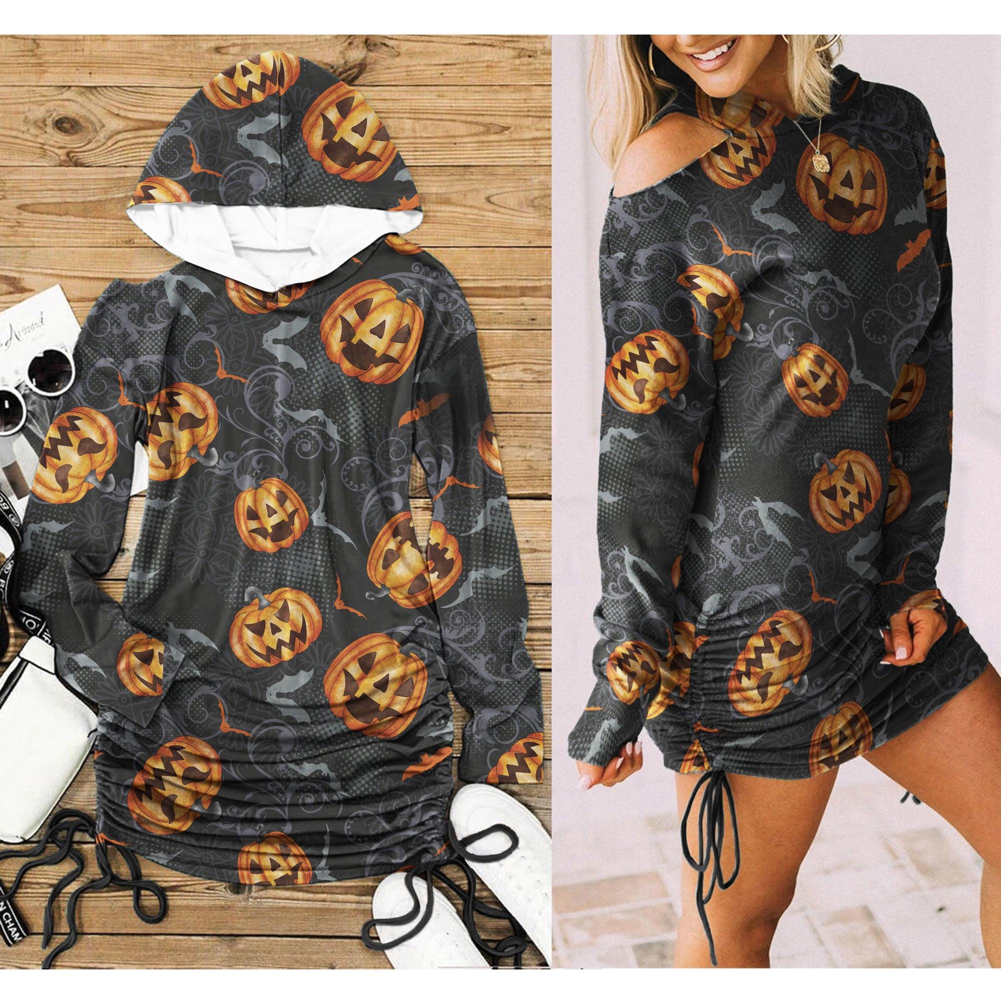 Halloween Bat Pumpkin All Over Print Women One Shoulder Dress With Waist Shirring - Wonder Skull