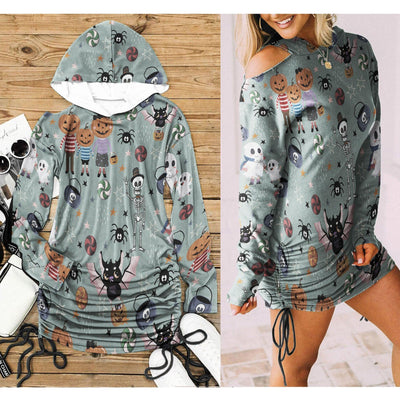 Halloween Funny Pumpkin All-Over Print Women One Shoulder Dress With Waist Shirring, Hot Long Hoodie - Wonder Skull