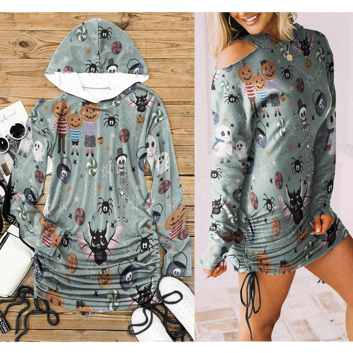 Halloween Funny Pumpkin All-Over Print Women One Shoulder Dress With Waist Shirring, Hot Long Hoodie - Wonder Skull