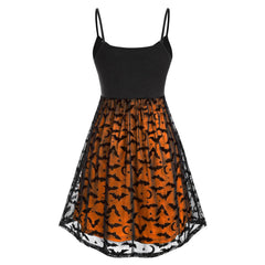 Halloween Orange Bat Lace Party Dress, Elegant Sleeveless Vestido For Women - Wonder Skull