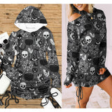 Halloween Skull Bat All-Over Print Women One Shoulder Dress With Waist Shirring, Hot Long Hoodie For Women - Wonder Skull