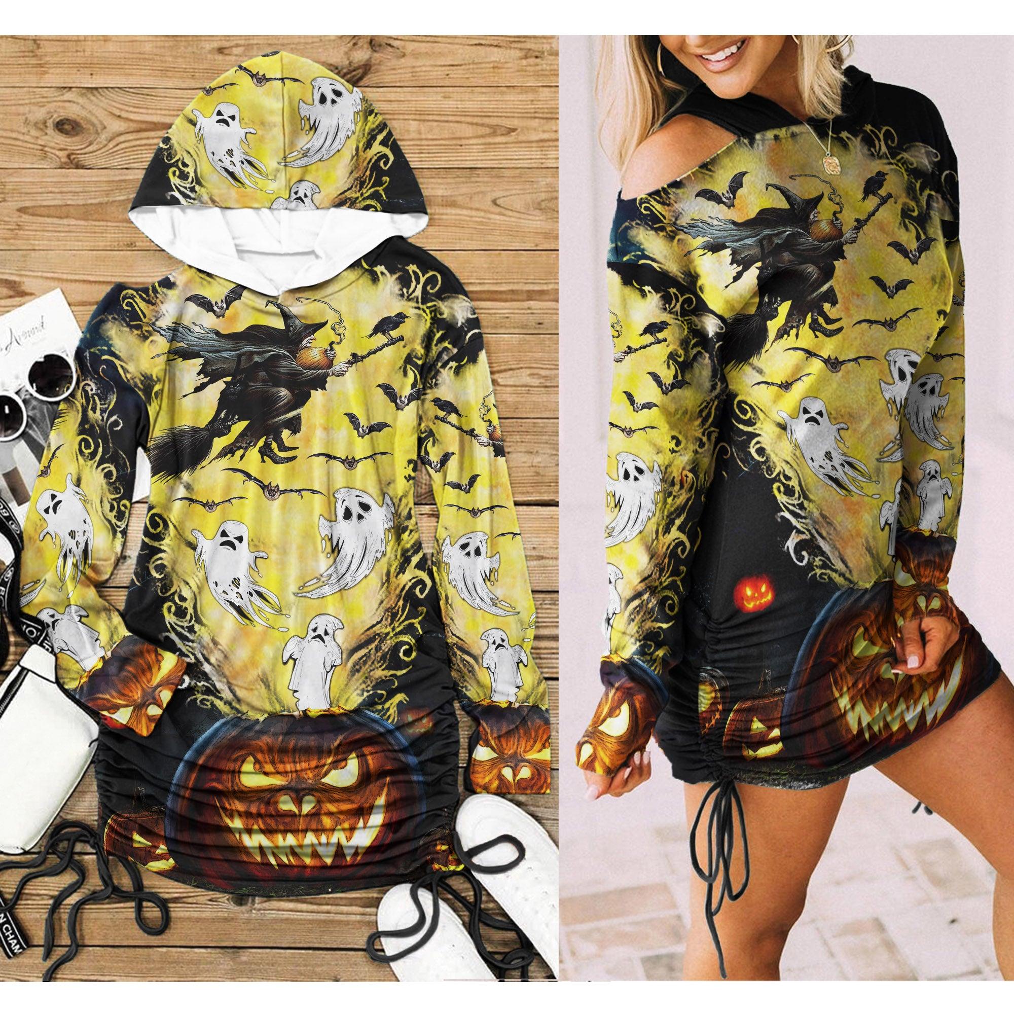 Halloween Witchy All Over Print Women One Shoulder Dress With Waist Shirring, Long Hoodie For Women - Wonder Skull