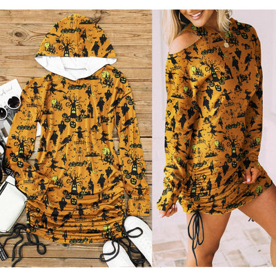 Halloween Witchy Night All Over Print Women One Shoulder Dress With Waist Shirring, Long Hoodie For Women - Wonder Skull