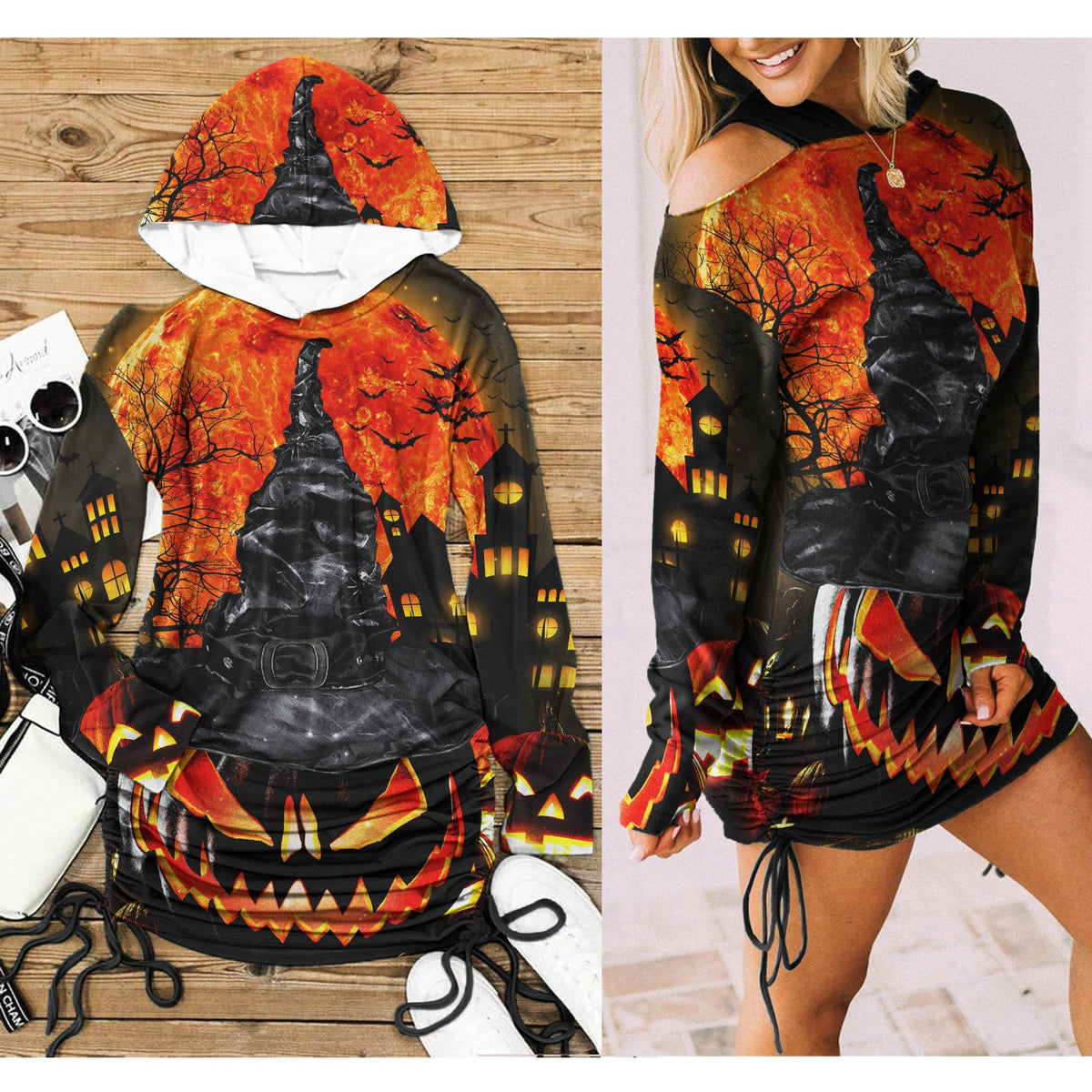 Halloween Witchy Pumpkin All Over Print Women One Shoulder Dress With Waist Shirring, Long Hoodie For Women - Wonder Skull