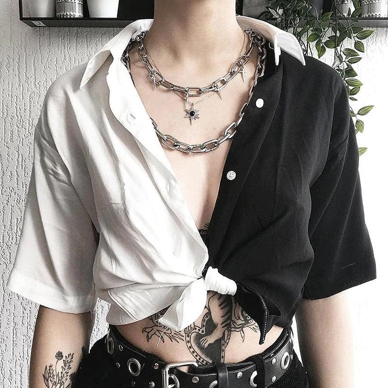 Harajuku Gothic Black White Shirt, Coolest Loose Top For Women - Wonder Skull