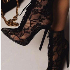 Gothic Mesh Boots, Sexy Lace-Up Thin High Heels For Women - Wonder Skull