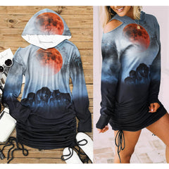 Hunting Mode Wolves All Over Print Women One Shoulder Dress With Waist Shirring, Long Hoodie For Women - Wonder Skull