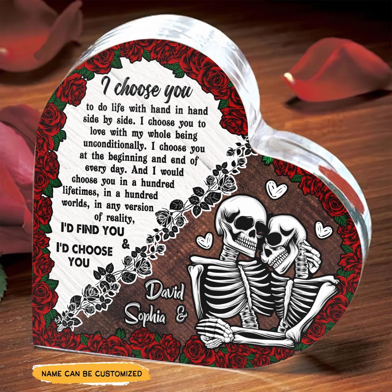 I Choose You - Customized Skull Couple Crystal Heart Anniversary Gifts - Wonder Skull