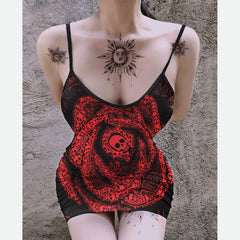 ILLusion Red Skull Printed Body Dress, Naughty Sleeveless Minidress For Women - Wonder Skull