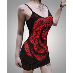 ILLusion Red Skull Printed Body Dress, Naughty Sleeveless Minidress For Women - Wonder Skull