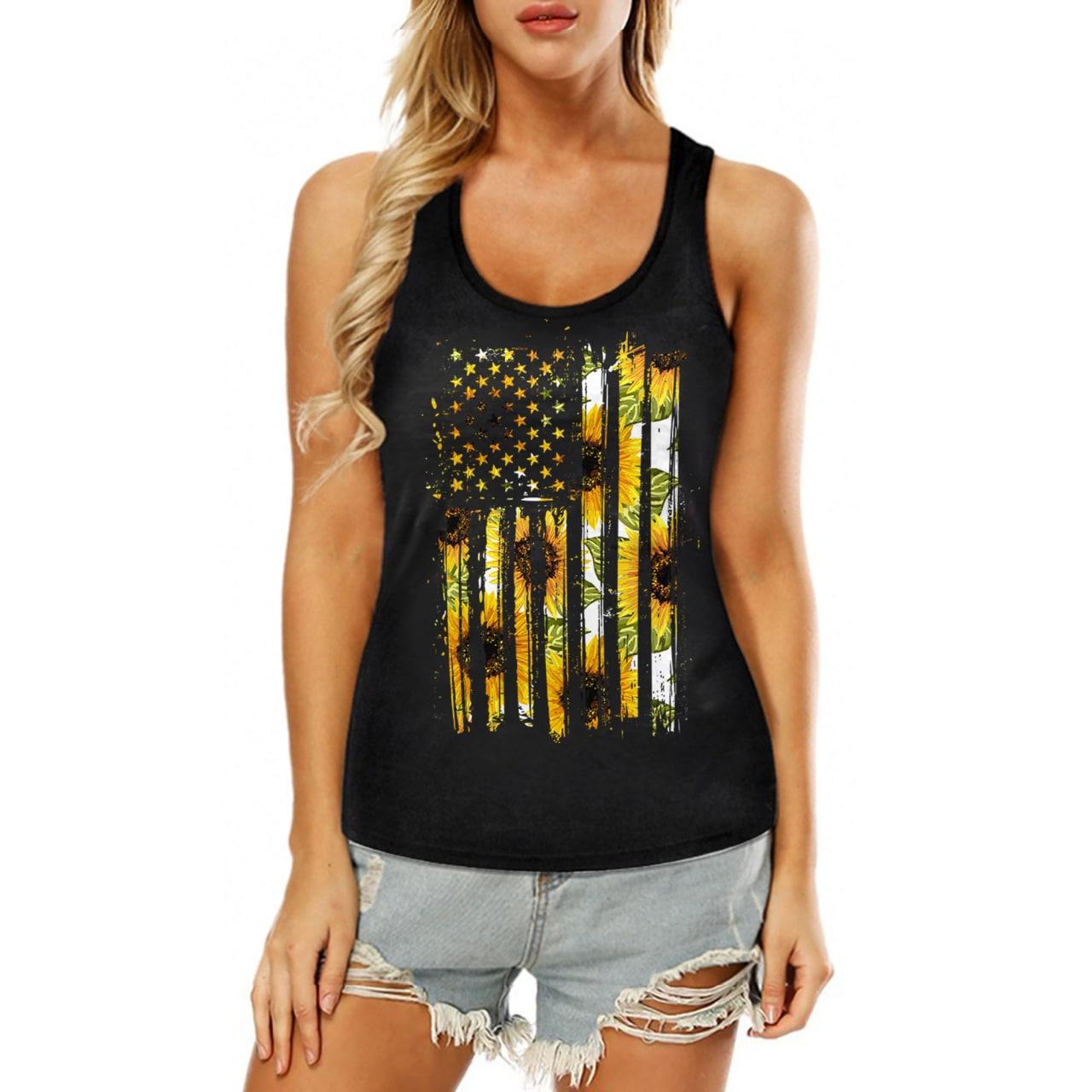 Sunflowers American Flag Tank Top, Comfortable Sleeveless Cloth For ...