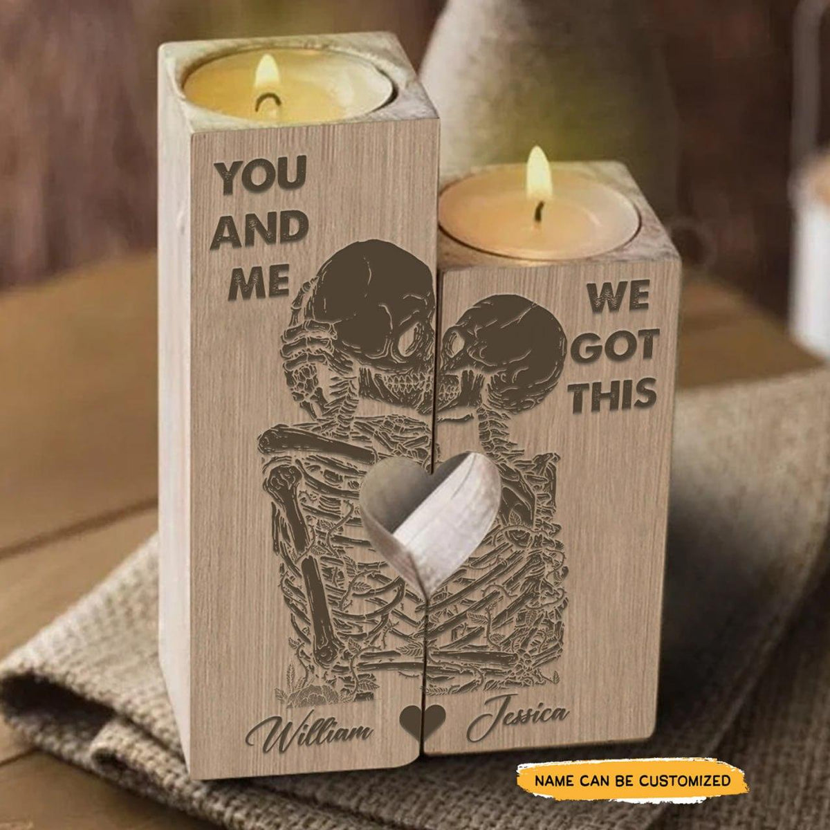 Kiss You - Customized Heart Wood Candle Holder Gifts - Wonder Skull