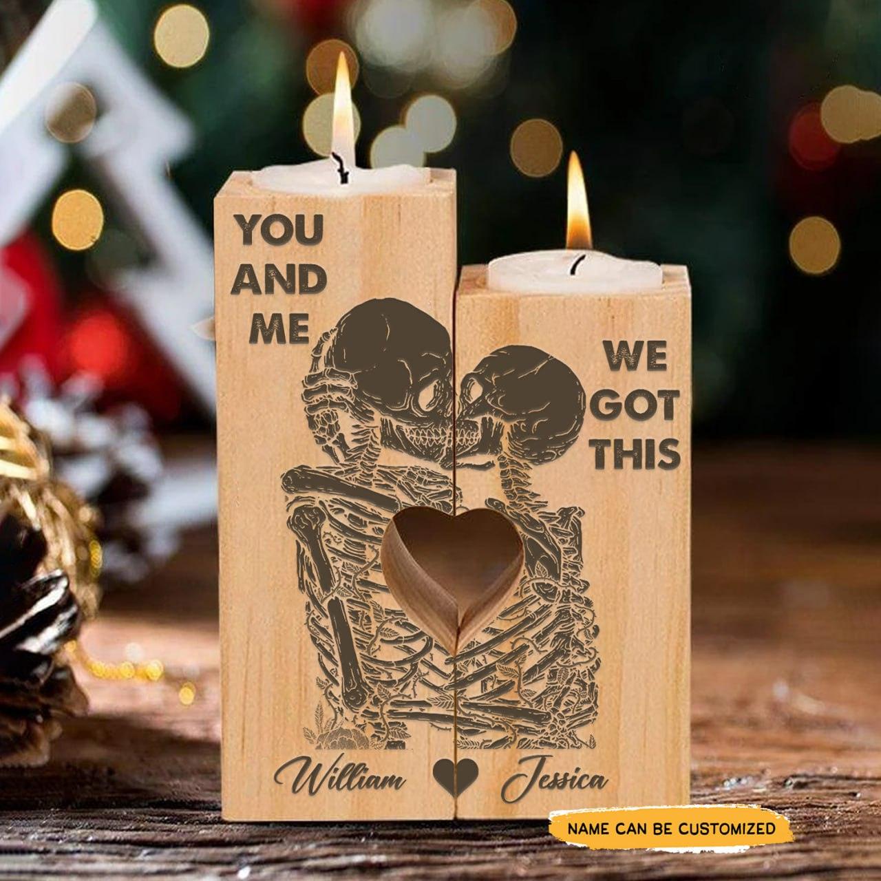 Kiss You - Customized Heart Wood Candle Holder Gifts - Wonder Skull