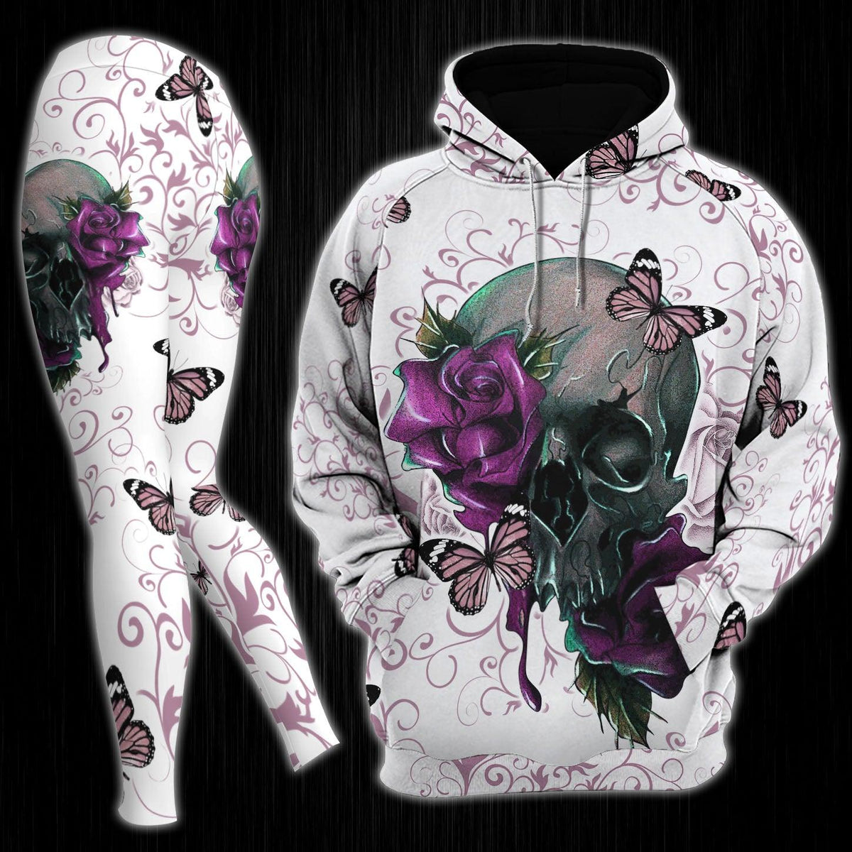 Flower Purple Butterfly Skull Gothic Artwork Combo Hoodie and Leggings - Wonder Skull